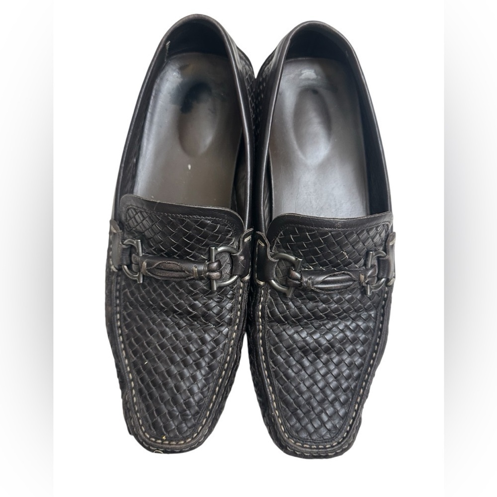 Salvatore Ferragamo Loafers Drivers Barbados Gancini Brown Leather Woven US 9.5D